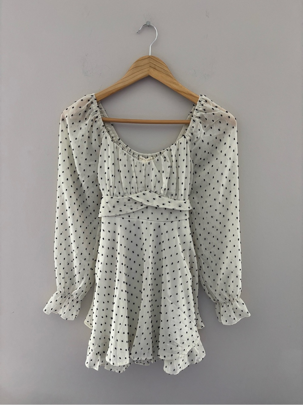 Ivory Polka Dot Long Sleeve Romper Women's Cream Tie Waist Dress